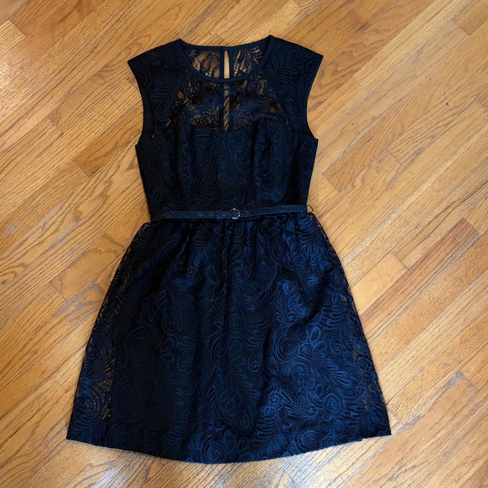Black Lace Cocktail Dress with Belted Waist